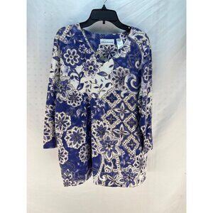 Alfred Dunner Blue Floral Geometric Top Womens Medium 3/4 Sleeve Pullover Casual